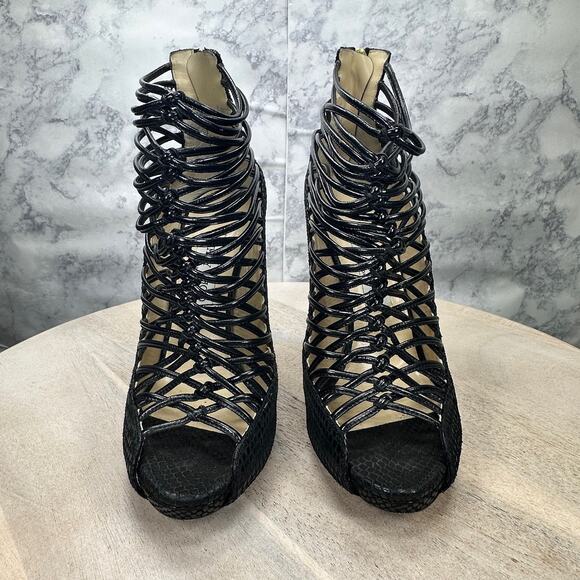Jimmy Choo Black Embossed Leather Quito Cage Booties EU 39 Classy Party Shoes - Picture 2 of 16